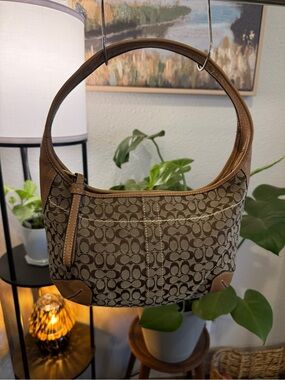 Vintage Coach Tan and Brown Signature Jacquard Small Hobo Shoulder Bag